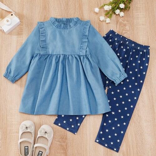 PatPat 2-piece Toddler Girl 100% Cotton Ruffled Collar Long-sleeve Denim Top and Star Print Pants Set