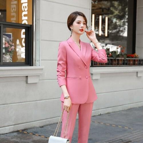 2021 Korean Women Slim Blazer And Pants Sets Long Sleeve Double Breasted Solid Straight Formal Work Wear Clothes Xxxxl Yellow