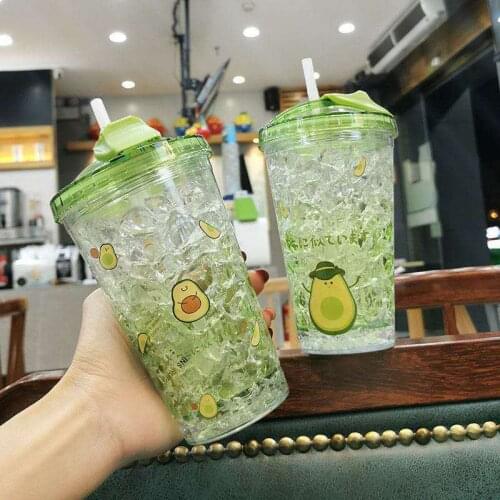 450ml Creative fruit Plastic Cup with Straw Sequin Double Layer Water Bottle Cartoon Sippy Cup Outdoor Leak-proof Car Water Cup