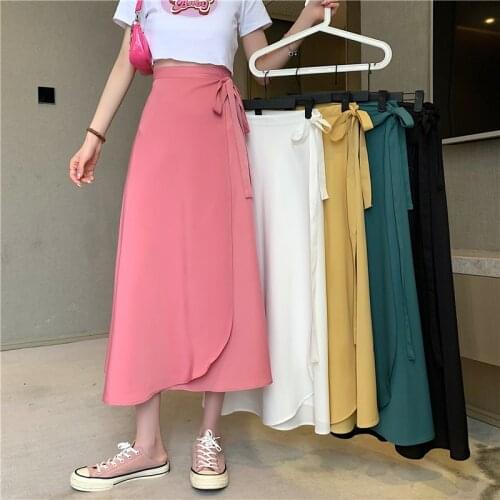 Summer Skirts Womens 2021 High Waisted Side Tie Beach Casual Wrap Skirt Women Solid Elegant Midi Chiffon Skirt Woman Jupe Femme