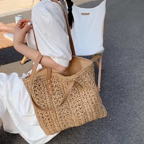 Summer Vacation Casual Tote Square Hollow Straw Beach Bag Handmade Woven Shoulder Bag Raffia Rattan ShoppingTravel Bag Bohemian