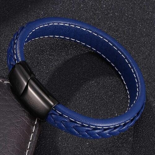 Fashion Men Jewelry Blue Leather Bracelet Black Stainless Steel Magnetic Clasps Bracelets Male Leather Wrist Band Gifts S0019L