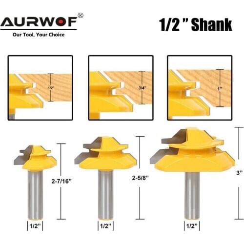 LAVIE 3pcs 12mm 1/2" Shank 45 Degree Lock Miter Bits Glue Joint Set 1/2" 3/4" 1"Stock Woodworking Tenon Cutters for Wood 03025