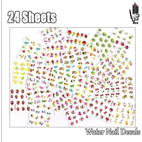 Nail 24Sheets/Lot Mix 24 Different Cartoon Fruits Face Nail Art Water Sticker Decal For Nail Art Decoration 24SY473