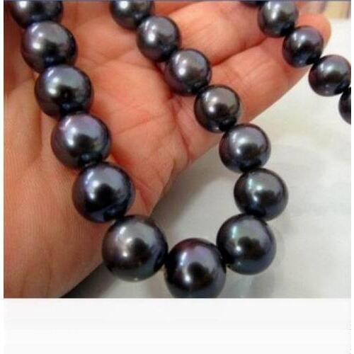 18"10-11mm freshwater natural black round pearl necklace 925silver
