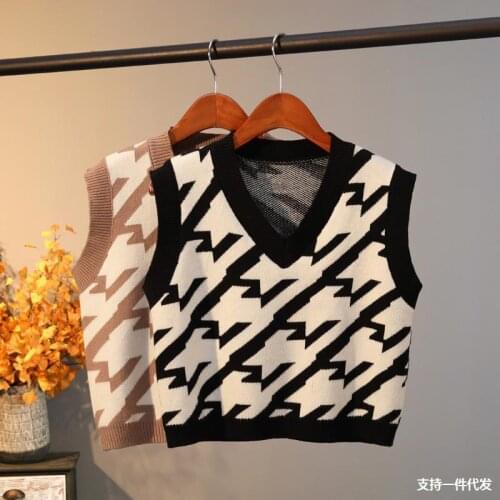 2021 fashion new ladies knitted pullover sweater houndstooth vest autumn and winter sleeveless v-neck blouse women all-match