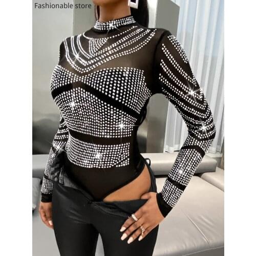 Sexy Glitter Shiny Rhinestone Bodycon Bodysuit Long Sleeve See Through Transparent Jumpsuit
