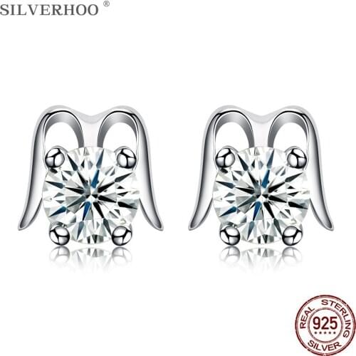 SILVERHOO Letter M Shape Earrings For Women Sterling Silver 925 Jewelry Elegant Cubic Zirconia Earrings Stud Trendy Accessories