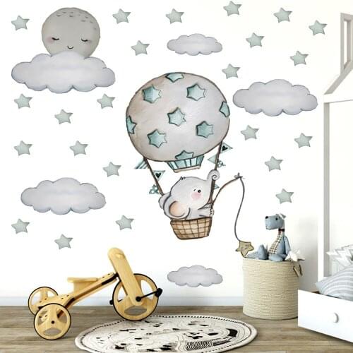 Lovely Elephant Catch Stars Wallpaper Poster Hot Balloon Wall Sticker For Kids Room Nursery Decorative DIY Self Adhesive Decals