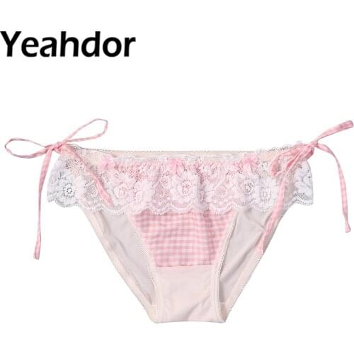 Men Sissy Underwear Panties Briefs Crossdress Cosplay Straps Self Tie Sides Ruffle Lace Bowknot Plaid Print Lingerie Underpants