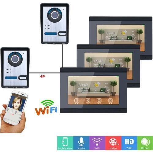7 inch 3 Monitors Wired /Wireless Wifi Video Door Phone Doorbell Intercom System with 2 X IR-CUT HD 1000TVL Wired Camera Night V