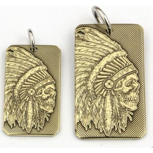 High Detail Deep Engraved Brass Indian Chief Skull Pendant Biker Rock Punk Style 9X022B 2-side Steel Necklace 26 inches