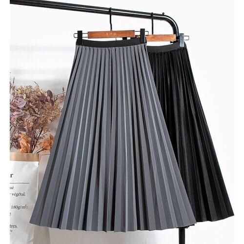 Accordion PU Leather Pleated Skirt Women 2020 Autumn Winter Fashion High Waist Office Ladies Elegant Midi Falda Saia Couro Y669