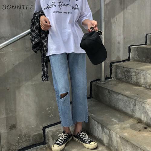 Jeans Women Hole Ankle-length Straight High Waist Trousers Retros 2021 Summer New Loose Fashion All-match Casual Chic Ins Simple