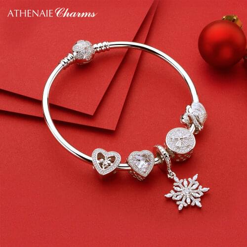 ATHENAIE 925 Sterling Silver CZ angel snowflakes Classic Bangle Fit Charms Beads for Women Jewelry Christmas Gift