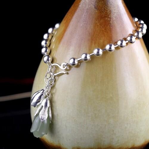 2018 Elegant Natural Jade 100% 925 Sterling Silver Charm Bracelets For Women Girl Tulip Flower Bracelet Jewelry Gift For Women