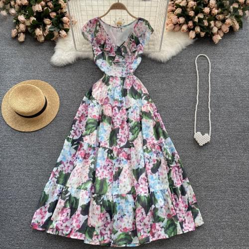 Europe Style New Summer Women V Neck Vintage Floral Print Ruffles Long Dress High Street Ladies Vacation Party Dresses Vestido