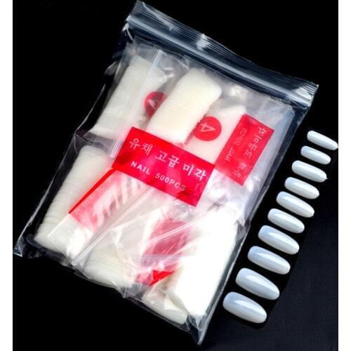 500 Pcs/Set Transparent False Nail Korean Acrylic UV Salon Design Ellipse Full Nail Tips Manicure False Nail Art Tool