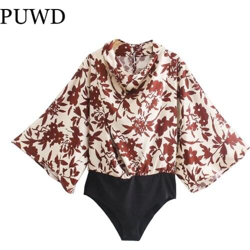 PUWD Vintage Women Floral Slim Chiffon Blouses 2021 Summer Fashion Ladies Square Collar Folds Shirts Sweet Girls Chic Tops