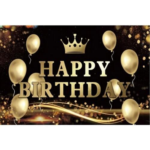 Golden Happy Birthday and Balloon Black Backdrop Party Photography Background Holiday Celebration Photo Booth Studio Decor