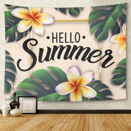 Hello Summer Realistic Leaf Flower Frangipani Plumeria Retro Lettering Tapestry Wall Hanging for Living Room Bedroom Dorm 50x60