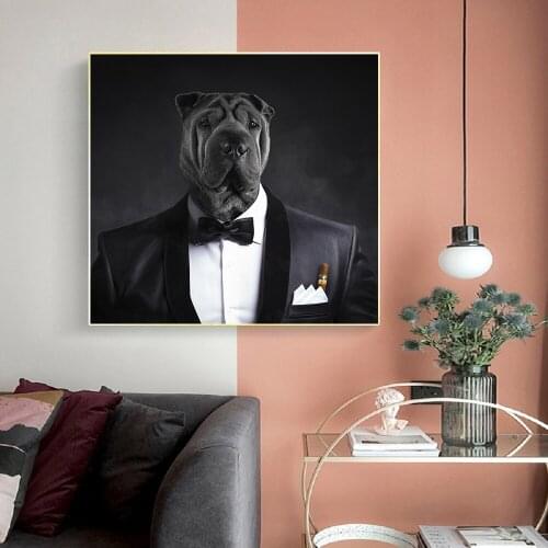 Canvas Painting Animal Wall Art Dog Wearing Suit Posters and Prints Dogs Wall Pictures for Living Room Decoration Home Decor