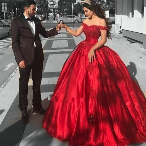 Off the Shoulder Red Ball Gown Prom Dress Quinceanera Dress Sweet 16 Dress Lace Tulle Skirt Long Teen Girls Pageant Dress