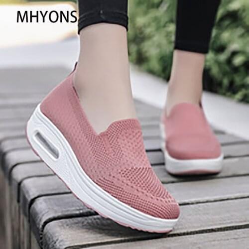 Fashion Wedges Shoes For Women Thick Sole Platform Sneakers Ladies Shoes Casual Slip On Breathable Increase Height Rocking Shoes