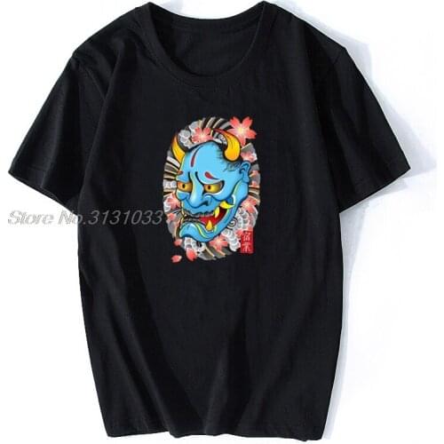 Hanya Demon Mask Print Cotton Funny T Shirts Yakuza Men Fashion Cotton Tshirt Anime Tees Harajuku Streetwear