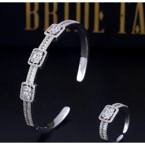 Bride Talk 2pcs Bangle&Ring jewelry Sets Factory Outlet Cubic Zircon Adjustable Silver Color Plated golden Women Banquet Jewelry