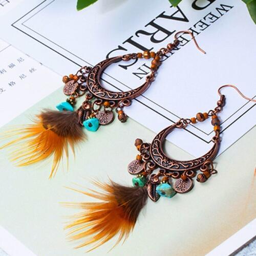Newest brown color long feather earrings jewelry Bohemian exaggeration big round circle earring Ethnic beads stones leaf earing