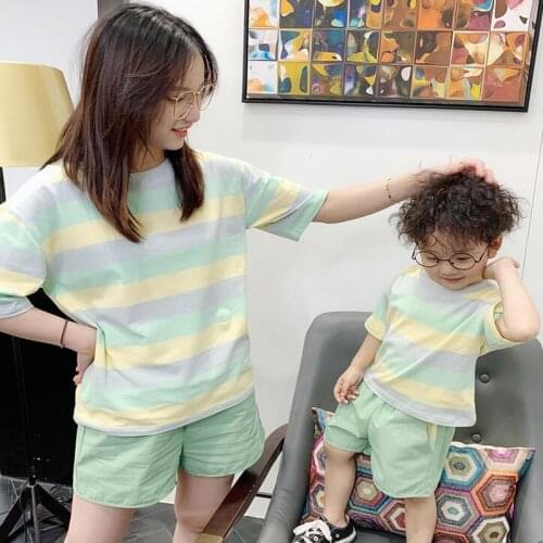 2021 New Summer Matching Family Clothing Sets Daughter Mother Son Outfits Cotton Stripe T-Shirt Shorts Two Piece Family Look Set