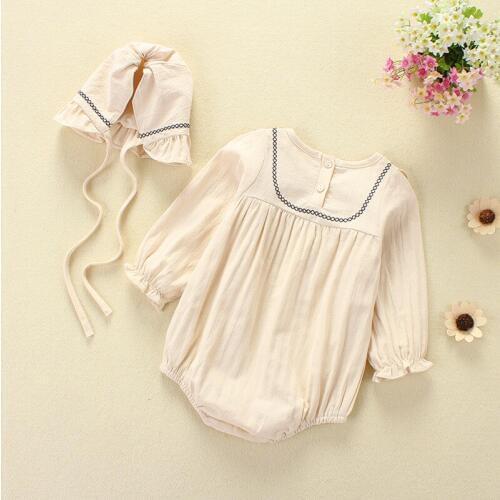 Newborn baby clothing girls Long sleeve embroidered Romper Cotton linen lace coat hat