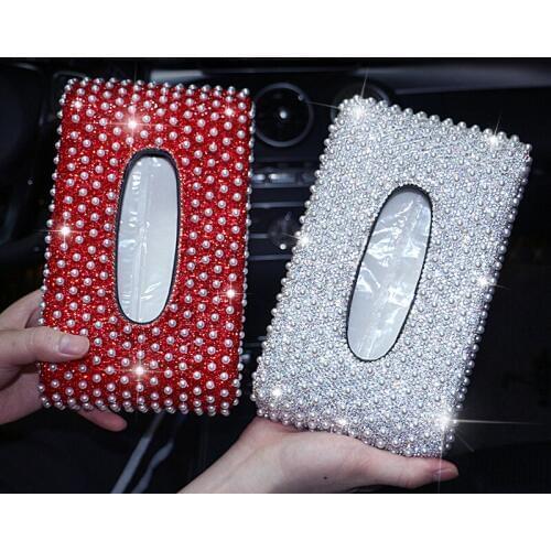 Crystal Car Tissue Box Rhinestone Pearl Auto Tissue Holder Block-type Tissue Box Car Styling Diamante Pearl Cover Women