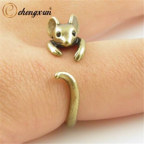 CHENGXUN Boho Chic Vintage Brass Knuckle Adjustable Mouse Animal Wrap Weeding Ring Ladies Fashion Jewelry