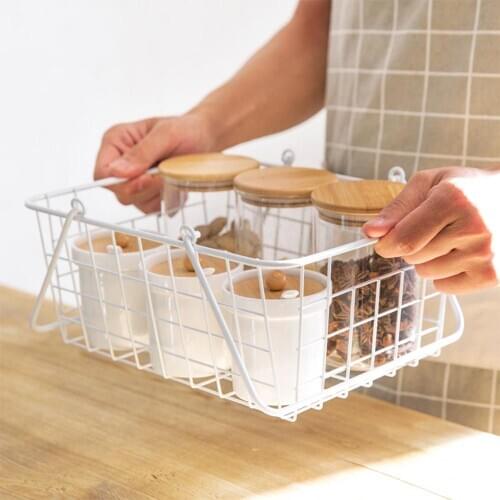 Japanese White Wrought Iron Storage Basket Home Portable Seasoning Bottles Organizer Basket Bathroom Shampoo Finishing Baskets