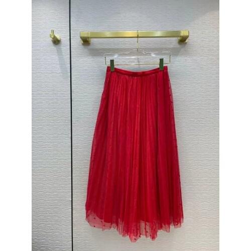 Fyion Sicily Women Long Skirt 2021 Runway Fashion Autumn Mesh Embroidery Casual Red / Black Ladies Hot Sale Pleated Skirt