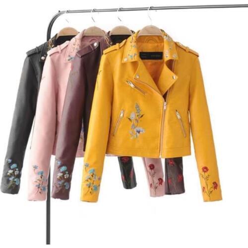 Embroidery female 2020 autumn new Korean version of the lapel locomotive PU leather short-sleeved lapel jacket Yellow pink Coat