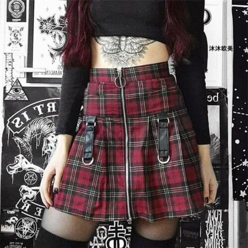 InstaHot Halloween Gothic A Line Skirts Women Autumn Zipper Pleated Plaid Preppy Mini Skirt Strap Sexy Solid Suspender Bottom