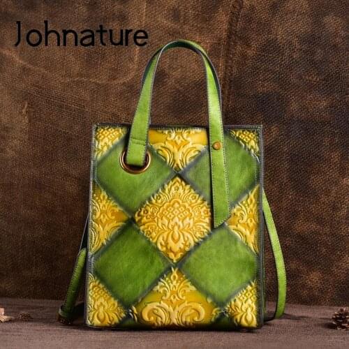 Johnature Large Capacity Retro Genuine Leather Women Bucket Bag 2021 New Soft Cowhide Handbag Handmade Shoulder & Crossbody Bags