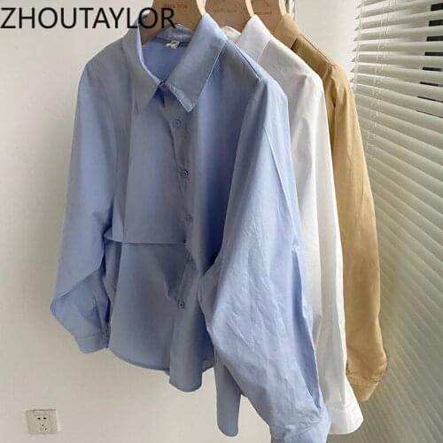 ZHOUTAYLOR Women Shirts Sweet Turn-down Collar Full Sleeve Office Lady Tops Femme Straight Single Breasted Blouses Female S0691