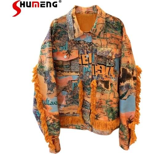 2021 Autumn Female New Vacation Style Blooming Letters Tassel Personality Lapel Baggy Coat Womens Fashion Motorcycle Jacket