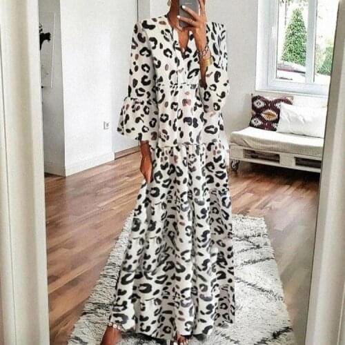 Holiday Outing Travel Long Dress Women Leopard Print Loose Flare Sleeve Casual Dress Ladies V Neck Party Maxi Dress 2020 Vestido