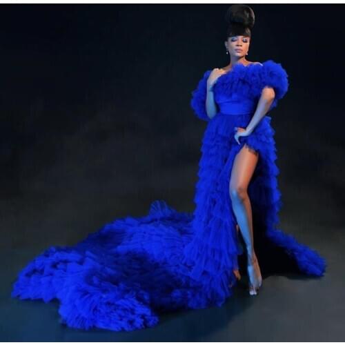 Newest Royal Blue Split Tulle Long Prom Dresses A-line Ruffles Tiered Tulle Mesh Formal Party Dress Birthday Prom Gowns