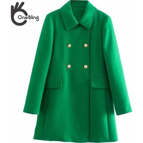 OneBling 2021 Za Woman Casual Traf Coats Autumn Winter Double Breasted Thicken Green Jacket Flap Pockets Longline Overcoats