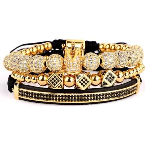 3pc/set Luxury Men Jewelry Bracelets Gold Color CZ Micro Pave Ball Crown Charm Braided Beads Adjustable Bracelet Drop Shipping
