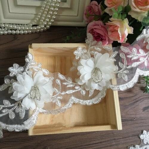 3Yard/Lot Organza Embroidery Silver Bone Lace Trim Double Layer Yarn Flower DIY Clothing Wedding Dress Patch Accessories