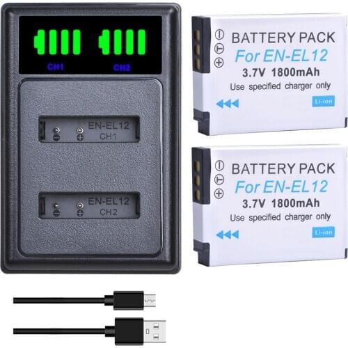 2Pcs EN-EL12 EL12 Batteries + LED USB Dual Charger with Type C Port for Nikon Coolpix S9700 S9500 S9400 S9300 S9100 S8200 S8100