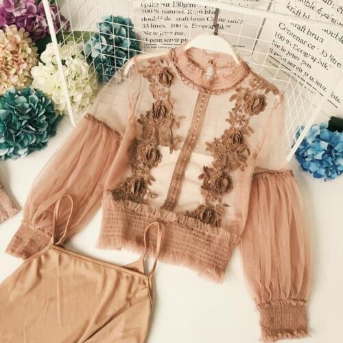 2018 Embroidery Blouse Black Long Sleeve Summer Sexy Boho Blouse lantern Sleeve Botanical Embroidered Tulle Top