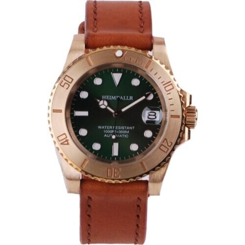 HEIMDALLR Mens Dive Bronze Watch Sapphire Submariner Green Dial 30Bar NH35 Automatic Movement Luminous Mechanical Diver Watches